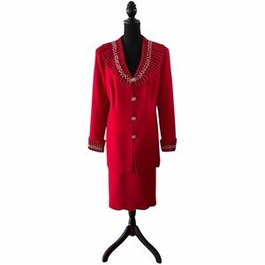 Tiffany Collection 2pc Red Skirt Suit w/Beading and Scallops, Size 18